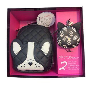 Betsey Johnson Convertible Dog Backpack & Skull Earbud Case Gift Set Quilted Bla